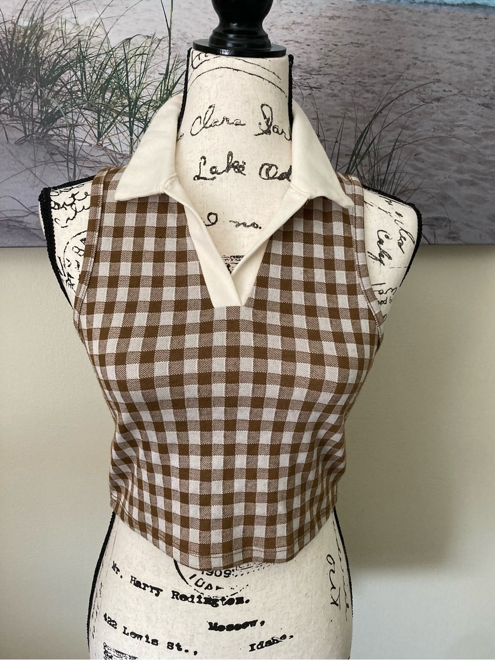 Altar'd State Brown and Cream Gingham Collared Crop Top, size small